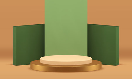 3d golden beige podium pedestal mock up for luxury product show presentation realistic vector illustration. Trendy elegant geometric showcase cylinder stage with green squared wall backgroundのイラスト素材