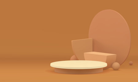 Beige 3d geometric showroom space neutral podium pedestal for show realistic vector illustration. Pastel brown showcase cylinder stage with semi circle wall background for product presentationのイラスト素材