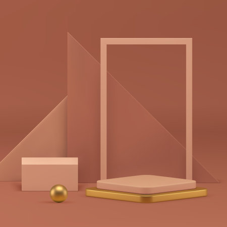 3d luxury beige geometric display podium pedestal for show realistic vector illustration. Premium elegant rhombus golden platform with triangle wall background rectangle frame sphere for presentationのイラスト素材