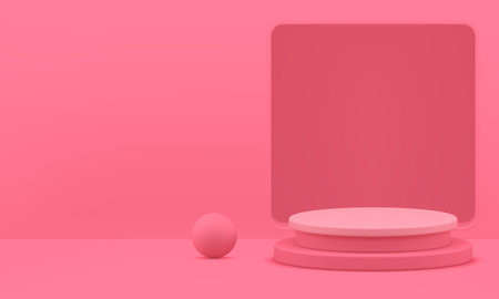 3d elegant pink showroom cylinder podium with squared hole wall background realistic vector illustration. Trendy feminine geometric showcase circle pedestal with sphere for product show presentationのイラスト素材
