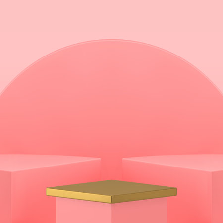 Pink luxury 3d golden podium pedestal for cosmetic product show realistic vector illustration. Elegant feminine trendy rhombus showcase with semi circle wall background for shopping sale presentationのイラスト素材