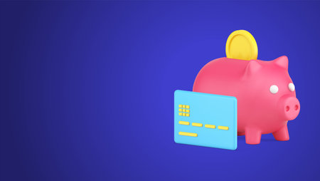 Piggy bank with putting golden coin and credit card for e-commerce payment contactless transaction 3d isometric icon vector illustration. Concept of money savings, wealth, financial profit and budgetのイラスト素材