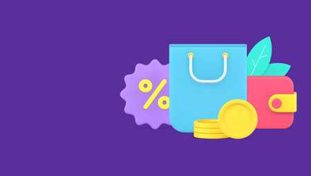Paper shopping bag holiday seasonal discount, festive sale or black Friday with cashback percentage for cash paying 3d icon isometric vector illustration. Concept of shopholism and consumerism, buyingのイラスト素材