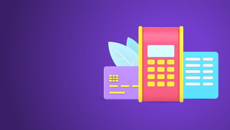 POS terminal for ecommerce online contactless epayment with credit card and paper agreement document 3d icon isometric vector illustration. Paying to bill for business deal or purchase isolatedのイラスト素材