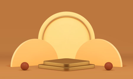 3d luxury neutral geometric display golden podium pedestal for show realistic vector illustration. Beige premium showroom rhombus stand with semi circle wall background and sphere for shopping saleのイラスト素材