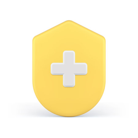 Insurance pharmacy immune system protection healthcare medical cross shield 3d icon realistic vector illustration. Medicine hospital drugs illness prevention wellness treatment accident aid helpのイラスト素材