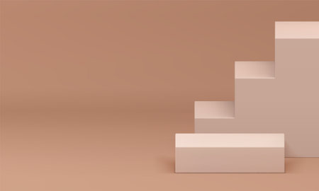 Beige 3d squared podium pedestal with stairs mock up for product show realistic vector illustration. Neutral pastel geometric platform with staircase wall background for shopping sale advertisingのイラスト素材