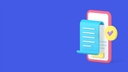 Success online payment bill receipt banking smartphone application 3d vector banner billboard template. Approved digital e money transaction financial shopping transfer commercial order documentのイラスト素材