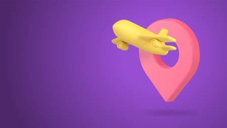 Travel by plane touristic agency service international air transportation 3d vector banner billboard template. Location map pin airplane tour tourism trip journey adventure summer vacation bookingのイラスト素材