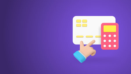 Online banking budget accounting card calculator with business man hand click cursor 3d vector banner billboard template. Checking financial balance expenses and earnings on digital bill accountのイラスト素材