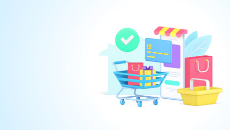 Purchasing goods online at smartphone application retail website with shopping bag, gift boxes and trolley 3d icon vector illustration. Isometric template choosing buy grocery market isolated on whiteのイラスト素材