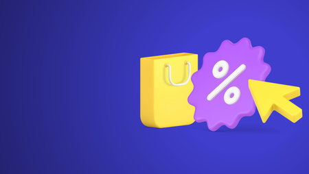 Yellow arrow pointing into seasonal sale discount with paper shopping bag and percentage tag 3d icon...
