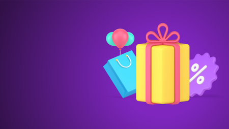 Festive holiday sale with gift box, paper shopping bag, air balloons and percentage tag template 3d icon vector illustration. Seasonal discount black friday with isometric present cardboard isolatedのイラスト素材