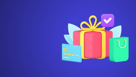 Buying goods purchase complete with checkmark celebrating holiday 3d icon isometric vector illustration. Successful payment enjoying purchasing retail with cardboard gift box and shopping bag isolatedのイラスト素材