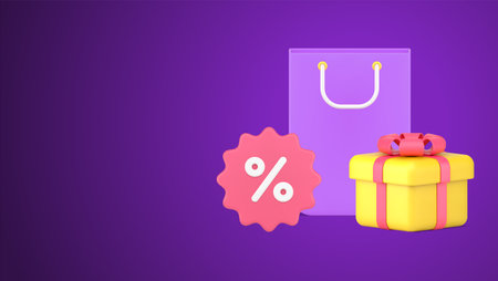 Seasonal sale discount paper shopping bag and festive gift box 3d icon isometric vector illustration. Special offer price, black Friday at store boutique with circled ragged edges percentage symbolのイラスト素材