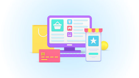 Online shopping website with laptop monitor and smartphone for buying goods paying credit card 3d icon vector illustration. Internet store user interface with cart and purchase assortment isolatedのイラスト素材