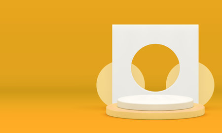 Yellow 3d podium pedestal mock up for cosmetic product show presentation realistic vector illustration. Geometric minimalist trendy showroom cylinder stand with white frame hole wall backgroundのイラスト素材