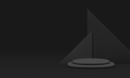 Black 3d cylinder podium pedestal advertising display for presentation realistic vector illustration. Dark fashion stand with triangle wall background fashion male product shopping sale showのイラスト素材