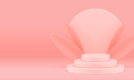 Pink 3d podium pedestal with elegant leaves for presentation realistic vector illustration. Feminine pastel cylinder display with circle wall background mock up for cosmetic product showのイラスト素材
