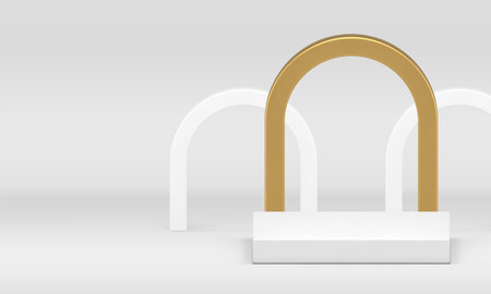 3d white podium luxury stand mock up for product show presentation realistic vector illustration. Elegant squared pedestal trendy display with golden arch wall background for advertising promoのイラスト素材