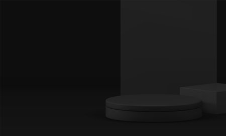 3d black cylinder squared podium mock up for product show presentation realistic vector illustration. Fashion dark minimalist aesthetic geometric showcase space interior pedestal platform advertisingのイラスト素材
