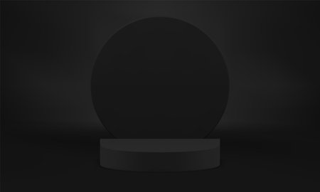 Minimal 3d black display podium mock up for product show realistic vector illustration. Advertising stand semi circle pedestal with round wall background rendering aesthetic fashion promo showcaseのイラスト素材