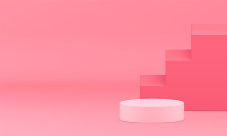 3d pink showroom podium mock up for beauty cosmetic presentation realistic vector illustration. Trendy pastel elegant cylinder pedestal with stairs wall background geometric shapes promo interiorのイラスト素材