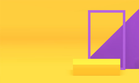 Yellow 3d showroom podium pedestal rendering banner for promo realistic vector illustration. Bright minimalist trendy geometric showcase squared stage purple triangle rectangle frame wall backgroundのイラスト素材