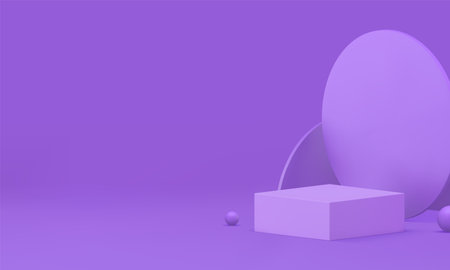 Violet 3d geometric podium pedestal mock up for product show realistic vector illustration. Minimalist purple squared showcase with abstract geometric shapes wall background advertising interiorのイラスト素材