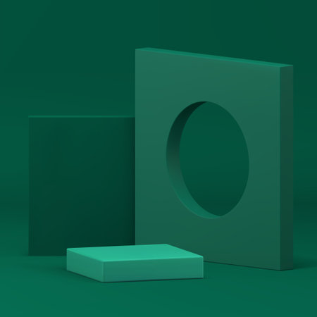 Green 3d podium pedestal with frame hole squared wall background realistic vector illustration. Decorative advertising room space geometric stand for shopping sale product show presentationのイラスト素材