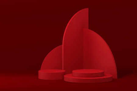 3d minimalist red podium pedestal with geometric wall background for product show realistic vector illustration. Modern circle showcase for fashion cosmetic accessories presentation promo standのイラスト素材