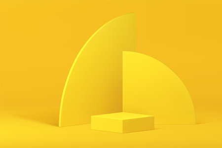 3d yellow podium pedestal commercial showcase for product presentation room interior realistic vector illustration. Minimalist modern advertising showroom squared stand geometric wall backgroundのイラスト素材