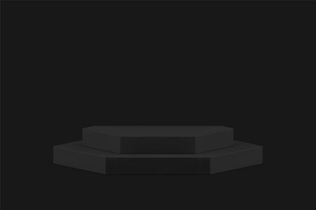 Black 3d podium pedestal step display for male product presentation realistic vector illustration. Trendy advertising display brutal dark showroom composition empty decorative element for promo showのイラスト素材