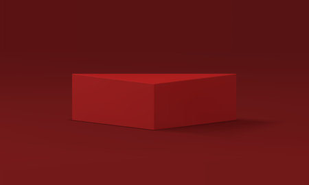 Red 3d podium triangle fashion minimalist platform stand product presentation realistic vector illustration. Geometric triangular corner pedestal modern showcase angular stage form commercial promoのイラスト素材