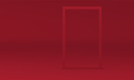 Red fashion 3d frame rectangular decor element geometric shape at studio background vector illustration. Realistic rectangle border abstract wall backdrop minimal form product commercial presentationのイラスト素材