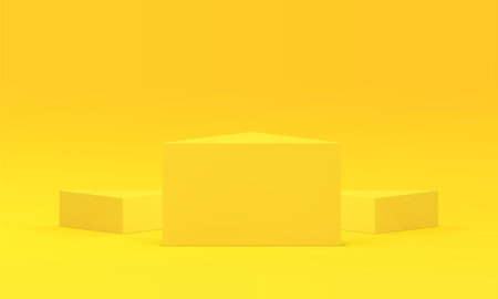 3d triangle three podium yellow geometric pedestal advertising promo platform realistic vector illustration. Bright triangular showcase light empty studio background for product presentationのイラスト素材