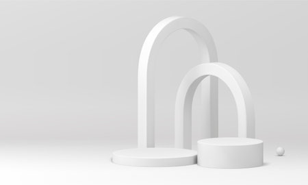 White 3d cylinder podium with abstract curved arch backdrop mock up for cosmetic product show vector illustration. Realistic neutral pedestal minimalist aesthetic composition at studio backgroundのイラスト素材