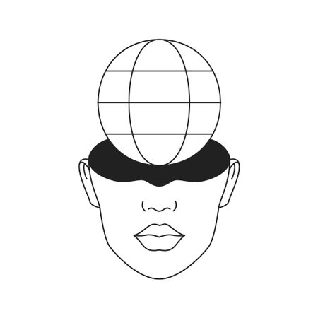 Futuristic human head with globe planet surreal Y2k outline minimal black icon vector flat illustration. Psychedelic future person open mind science fiction spiritual galaxy psychology meditationのイラスト素材