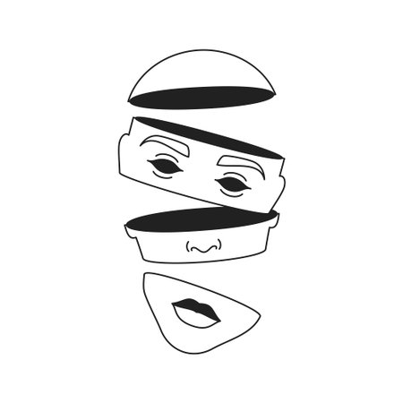Abstract chopped human head psychedelic Y2k black outline icon vector flat illustration. Futuristic surreal cutting portrait imagination science fiction minimal emblem retro groovy styleのイラスト素材