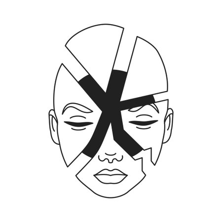 Y2k weird head cutting crash geometric piece psychedelic outline icon vector flat illustration. Surreal science fiction person portrait chopped geometry abstract sculpture futuristic digital faceのイラスト素材
