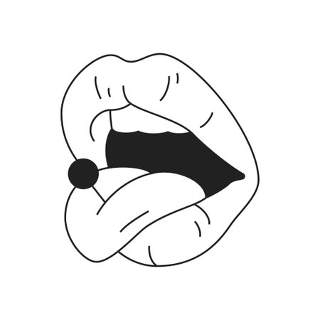 Y2k glamor sexy female lips with pin needle in tongue outline black icon vector flat illustration. Open woman mouth groovy psychedelic minimal weird kiss surreal fancy emblem comic badgeのイラスト素材