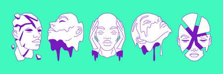 Y2k science fiction melting section face psychedelic outline icon set vector flat illustration....