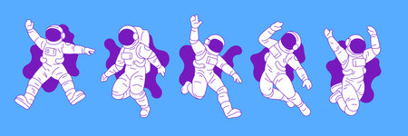 Y2k astronaut in open space psychedelic outline blue sketch icon set vector flat illustration. Cosmonaut in spacesuit science fiction futuristic galaxy exploration concept monochrome emblemのイラスト素材