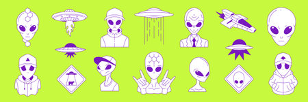 Y2k surreal science fiction alien contemporary pop art outline sketch icon set vector flat...
