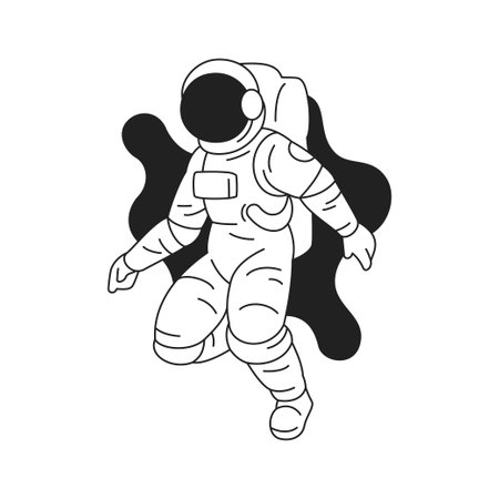 Y2k astronaut at cosmos space travel pop art outline icon vector flat illustration. Cosmonaut in spacesuit flying at universe galaxy with abstract paint spot science fiction futuristic emblemのイラスト素材