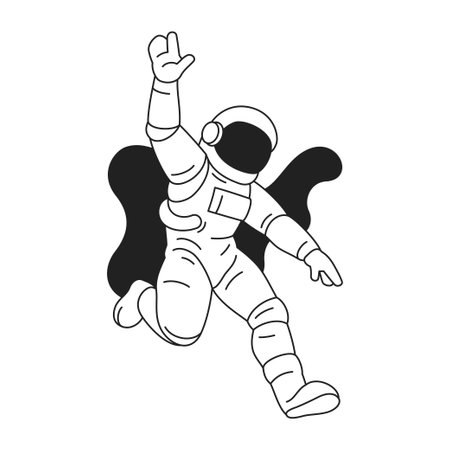 Y2k happy astronaut in spacesuit greeting contemporary pop art outline icon vector flat illustration. Cosmonaut at open space universe travel galaxy exploration science fiction cyber technologyのイラスト素材