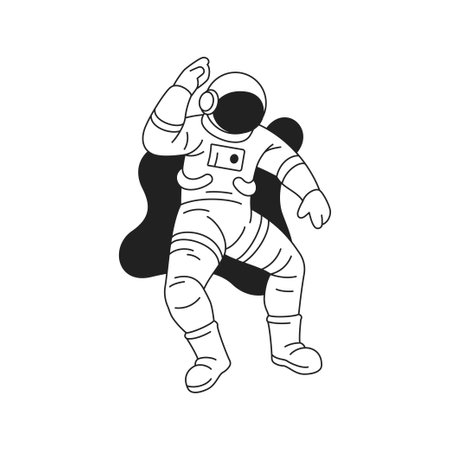 Y2k comic astronaut in outer space idea gesture outline icon vector flat illustration. Cosmonaut in helmet spacesuit surreal funky science fiction futuristic technology contoured black emblemのイラスト素材