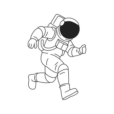 Y2k astronaut in helmet spacesuit running away comic outline icon vector flat illustration. Cosmonaut galaxy universe travel psychedelic science fiction cyber future futuristic character emblemのイラスト素材