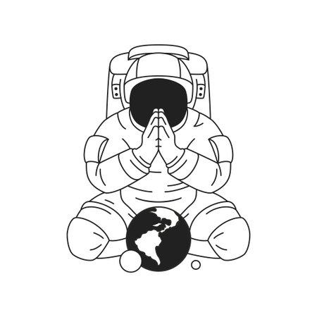 Y2k funky astronaut praying tiny planet galaxy psychedelic comic outline icon vector flat illustration. Cosmonaut in spacesuit spiritual religious prayer surreal science fiction t shirt print tattooのイラスト素材