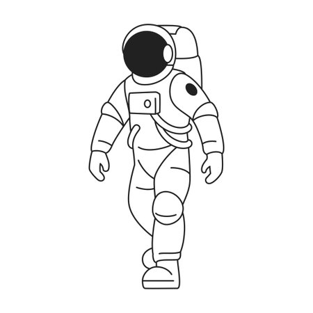 Y2k astronaut in spacesuit going at outer space comic outline icon vector flat illustration. Futuristic cosmonaut in helmet walking universe galaxy travel exploration monochrome minimal contour emblemのイラスト素材